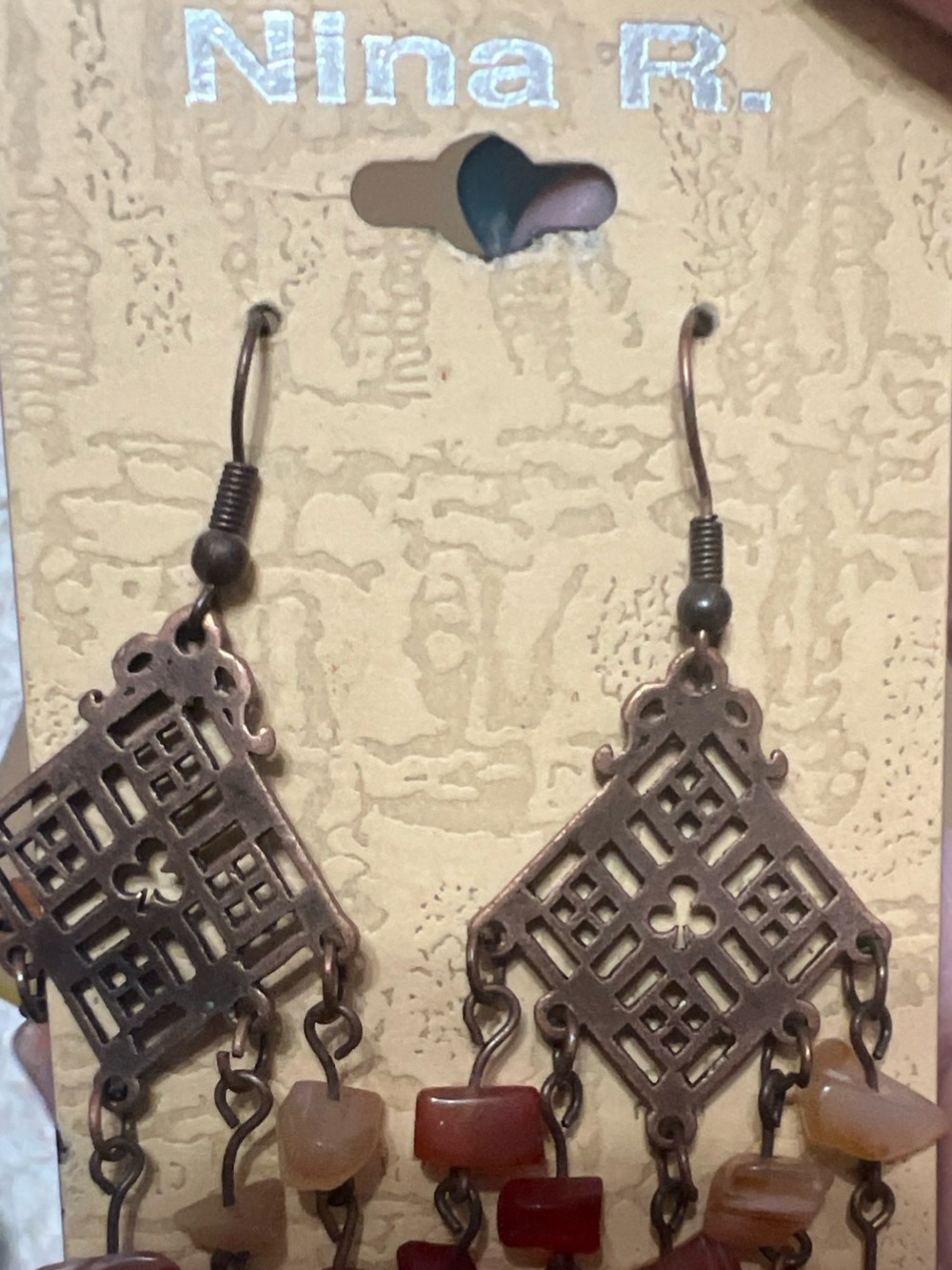 Nina Red and Tan Chip Dangle Earrings with Antique Bronze Lattice